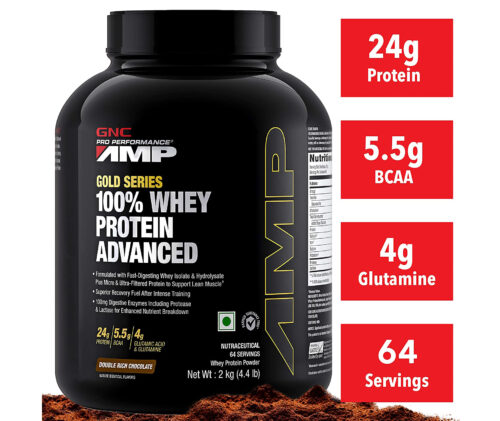 GNC Amp Gold Series 100% Whey Protein Powder Advanced - 4.4 Lbs, 2Kg - DOUBLE RICH CHOCOLATE