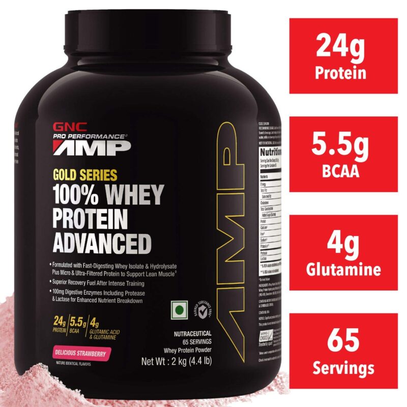 GNC Amp Gold Series 100% Whey Protein Powder Advanced - 4.4 Lbs, 2Kg - DELICIOUS STRAWBERRY