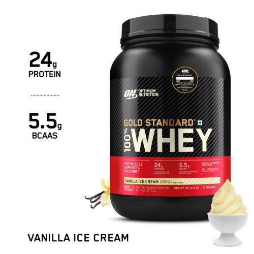 Optimum Nutrition (ON) Gold Standard 100% Whey Protein Powder, For Muscle Support & Recovery, Vegetarian- 2 Lbs - VANILLA ICE CREAM