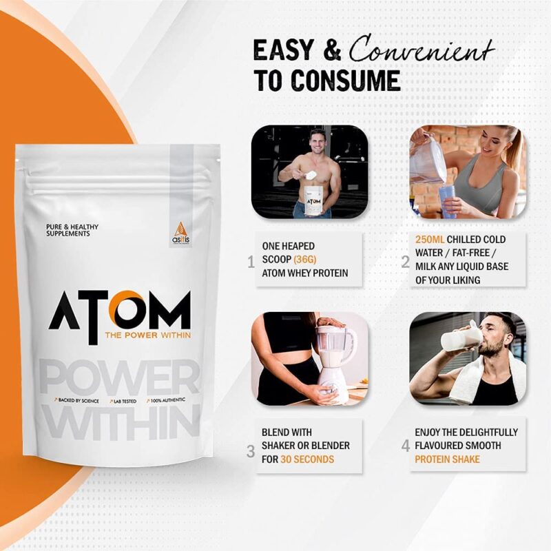 Atom Whey Protein Powder, Best Post Workout Contains 27 Grams Protein