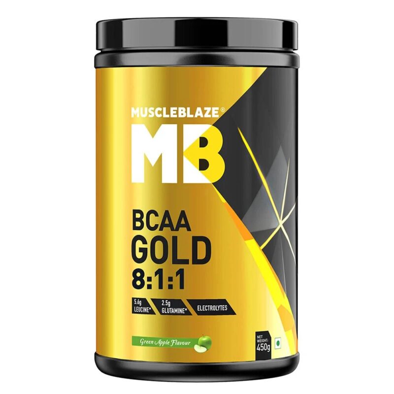 MuscleBlaze BCAA Gold 8:1:1, Branch Chain Amino Acids Supplements, 30 Servings, 450 G, Green Apple Flavour